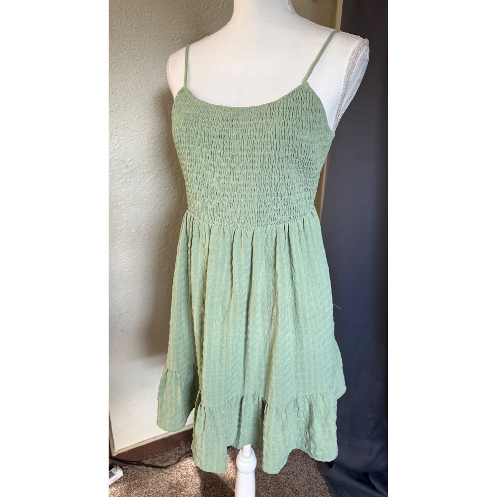 RSQ Sage Green Smocked Tie Back Mini Dress Large Textured Ruffle Hem Open Back